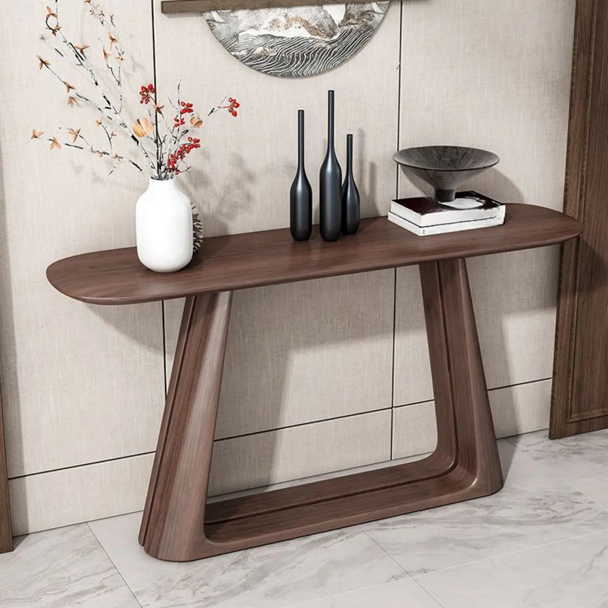 Brown Curved Pine Dark Wood Entryway Console Table