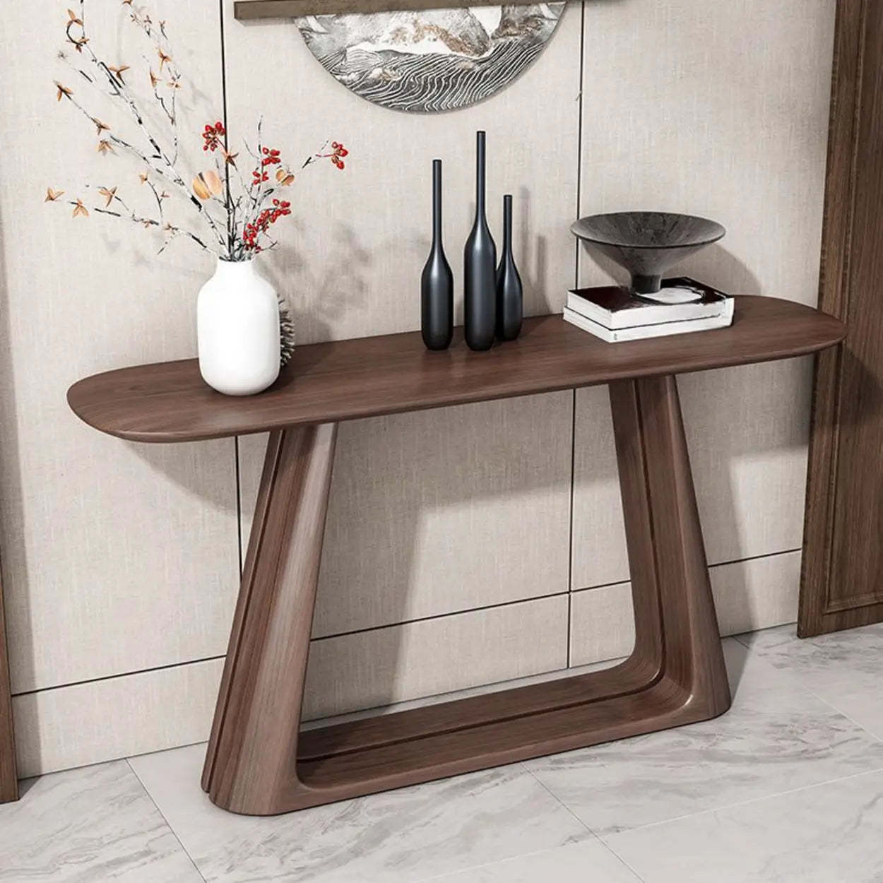 Brown Curved Pine Dark Wood Entryway Console Table