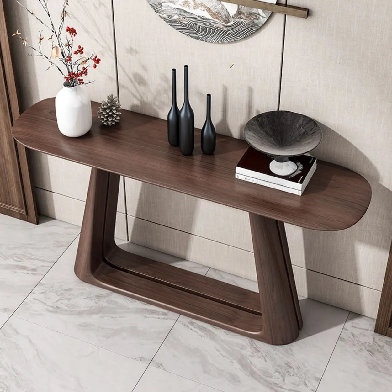 Brown Curved Pine Dark Wood Entryway Console Table