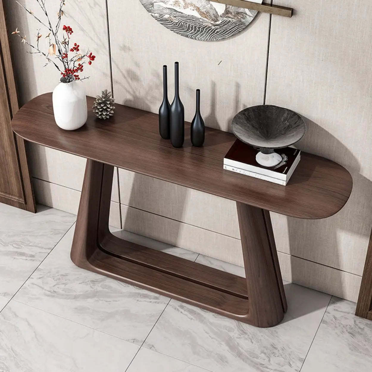 Brown Curved Pine Dark Wood Entryway Console Table