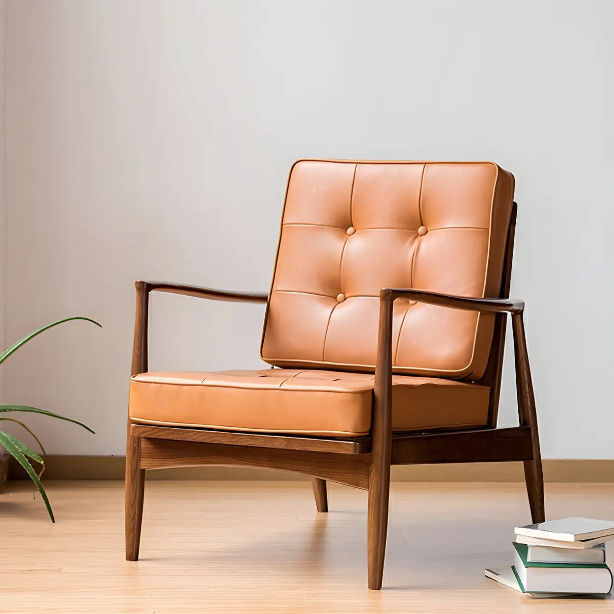 Brown Faux Leather Cushion-Back Tufted Arm Chair