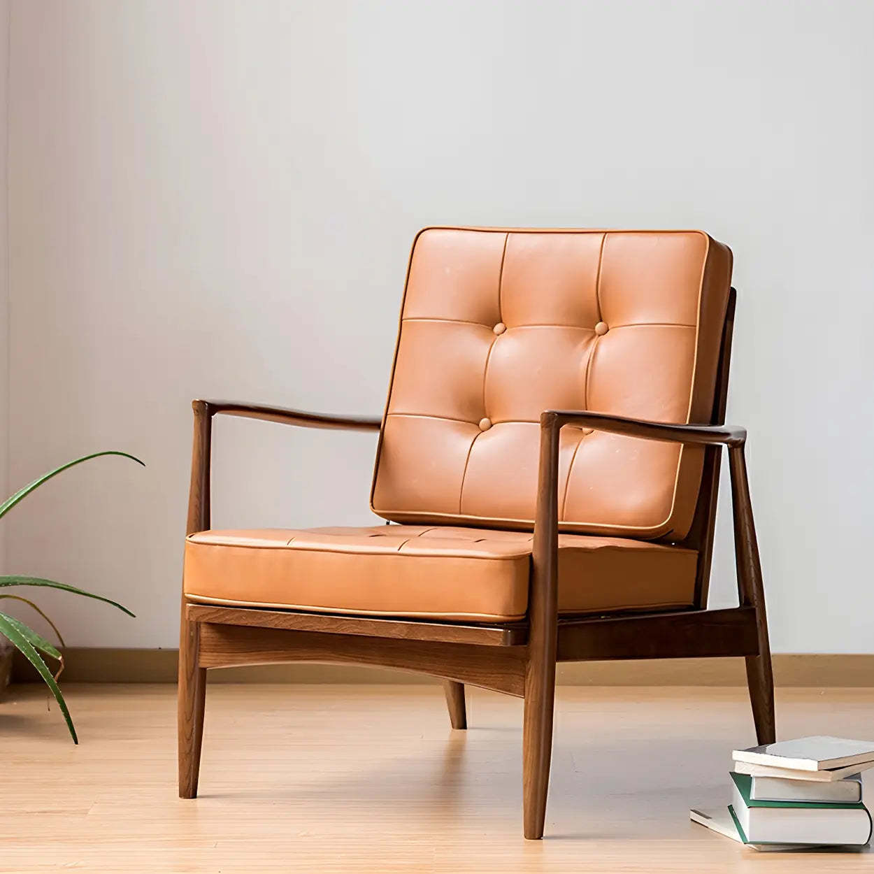 Brown Faux Leather Cushion-Back Tufted Arm Chair — Brown / Faux Leather / 1 Piece
