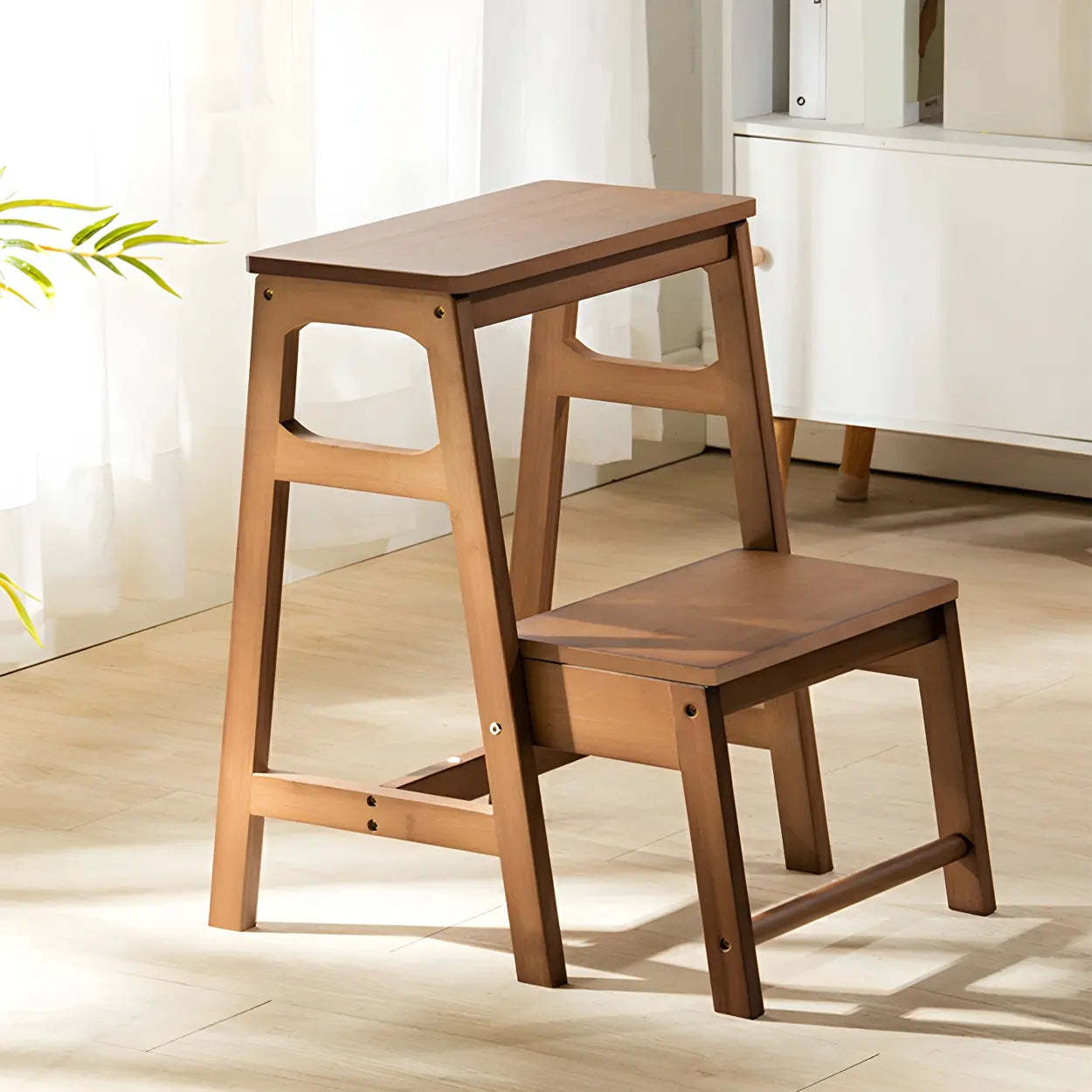 Brown Foldable Wooden Tall Vanity Stool — Natural Finish / 1 Piece