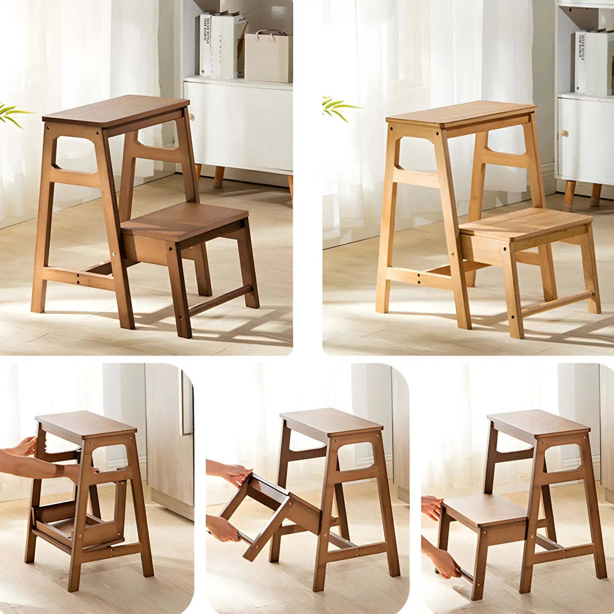Brown Foldable Wooden Tall Vanity Stool