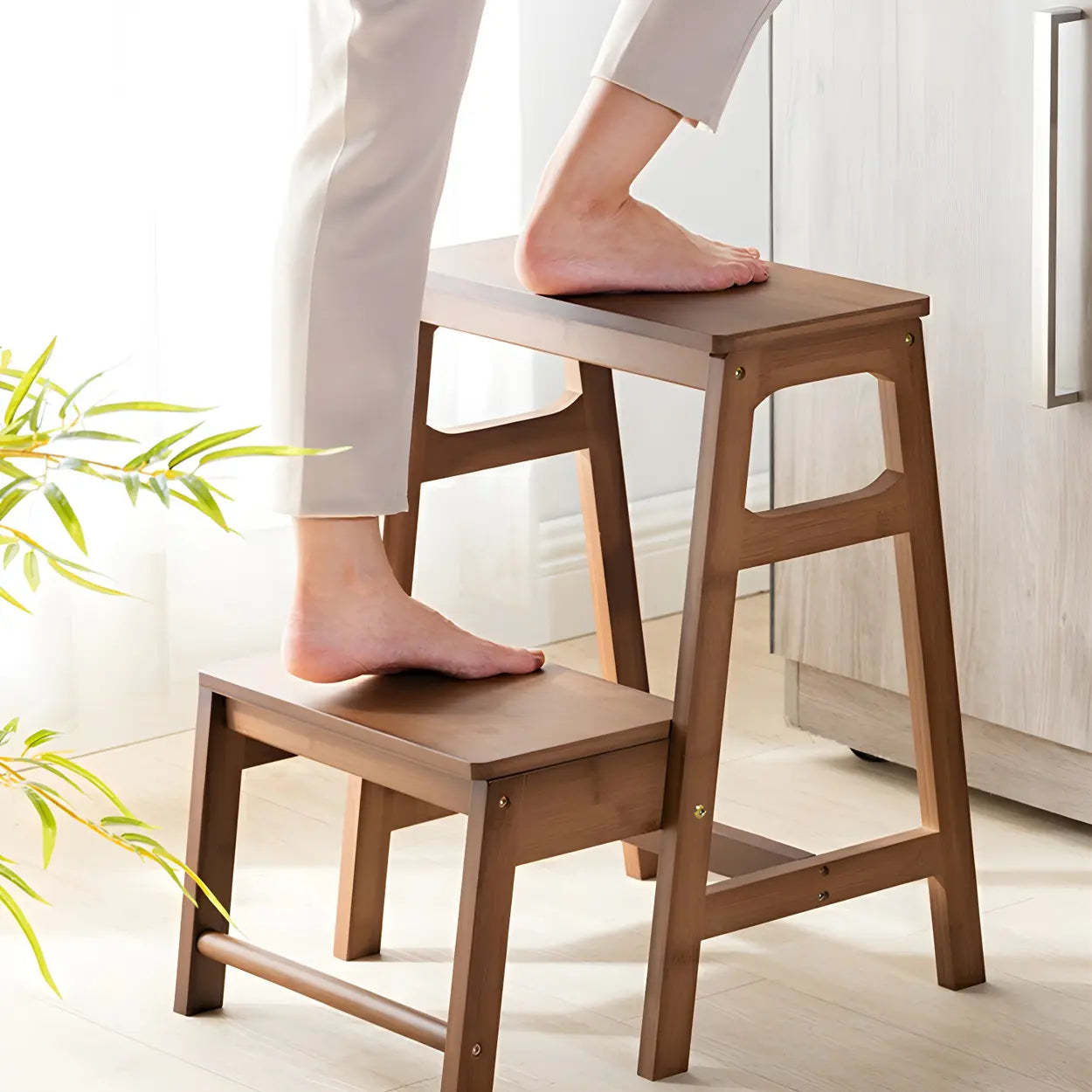 Brown Foldable Wooden Tall Vanity Stool — Brown / 2 Piece Set