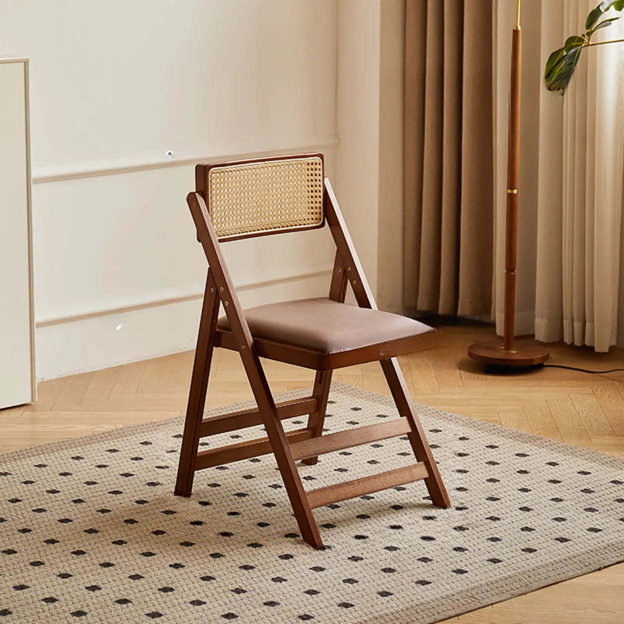 Folding Wood Leather-Cushion Bar Stool — Tan