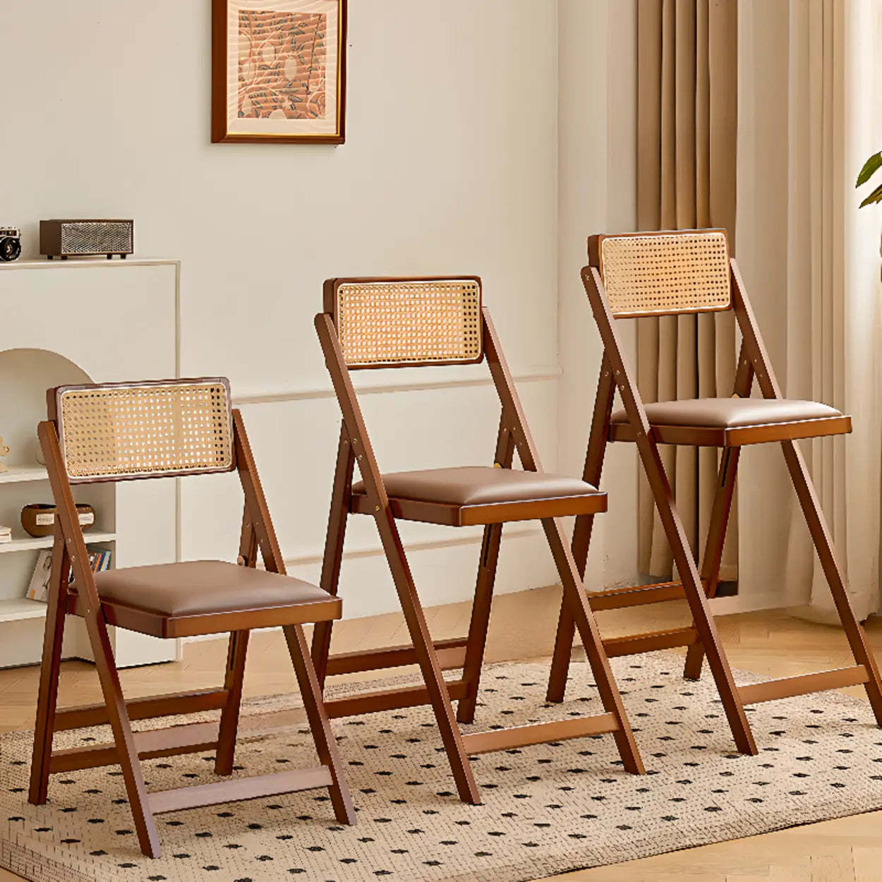 Folding Wood Leather-Cushion Bar Stool — Tan
