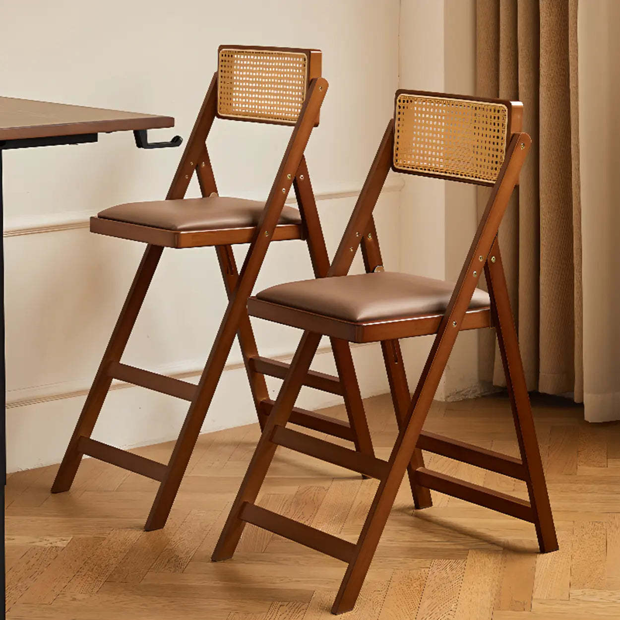 Folding Wood Leather-Cushion Bar Stool — Natural