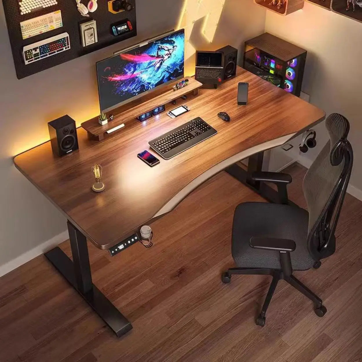 Brown Free-Form Height-Adjustable Computer Desk — Table Only