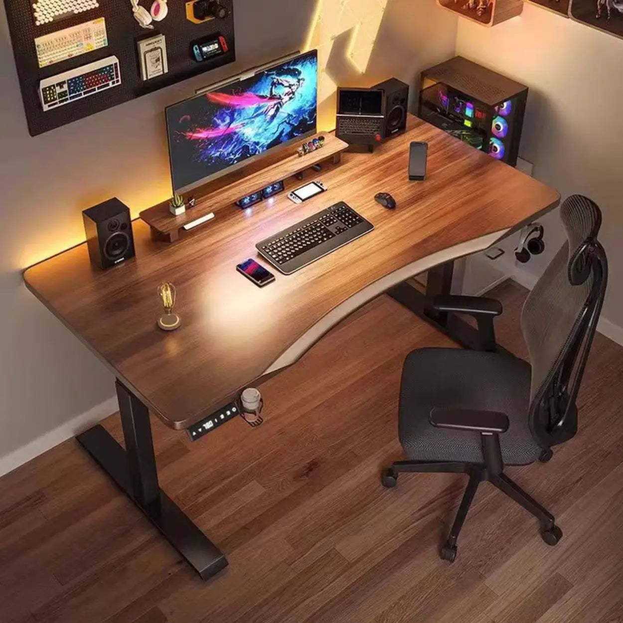 Brown Free-Form Height-Adjustable Computer Desk — Table Only