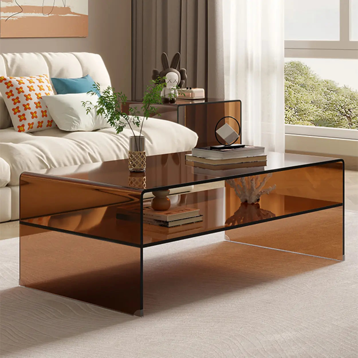 Brown Glass Sled Coffee Table with Shelf