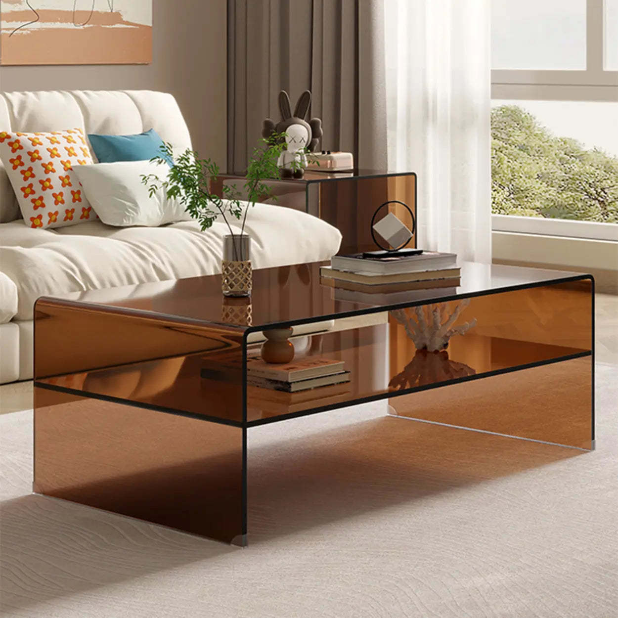 Brown Glass Sled Coffee Table with Shelf
