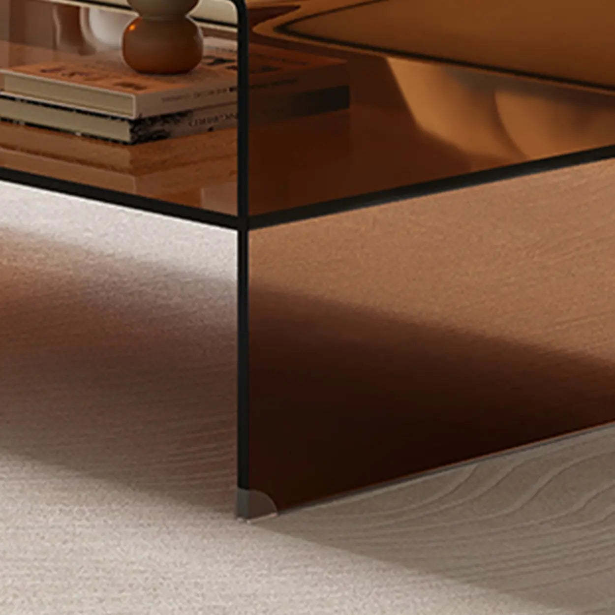 Brown Glass Sled Coffee Table with Shelf