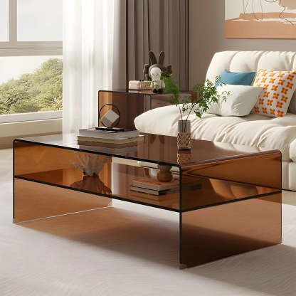 Brown Glass Sled Coffee Table with Shelf