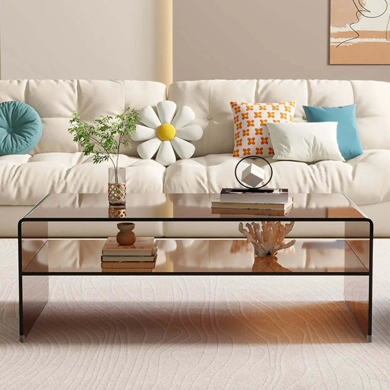 Brown Glass Sled Coffee Table with Shelf