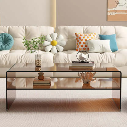 Brown Glass Sled Coffee Table with Shelf