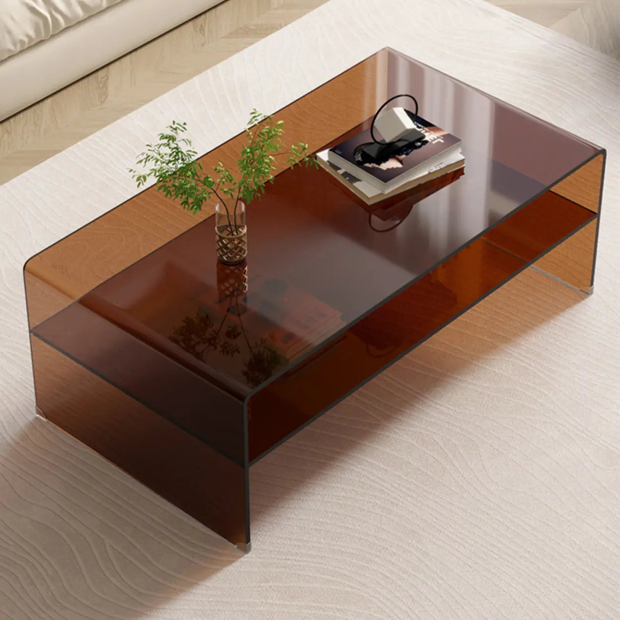 Brown Glass Sled Coffee Table with Shelf