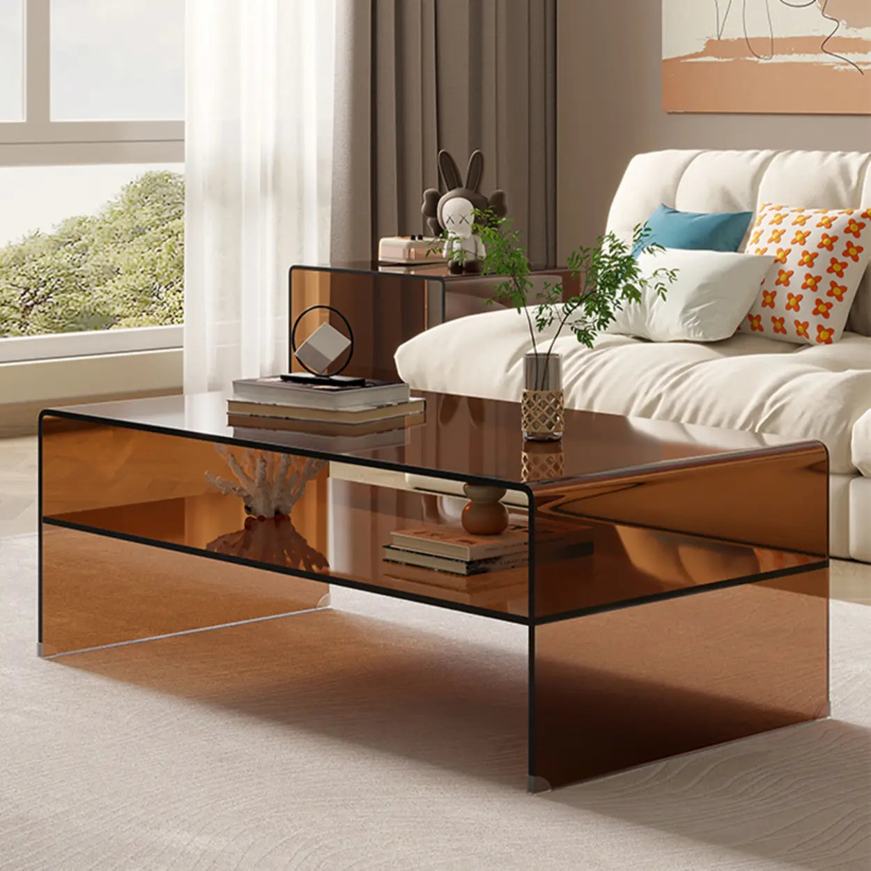 Brown Glass Sled Coffee Table with Shelf