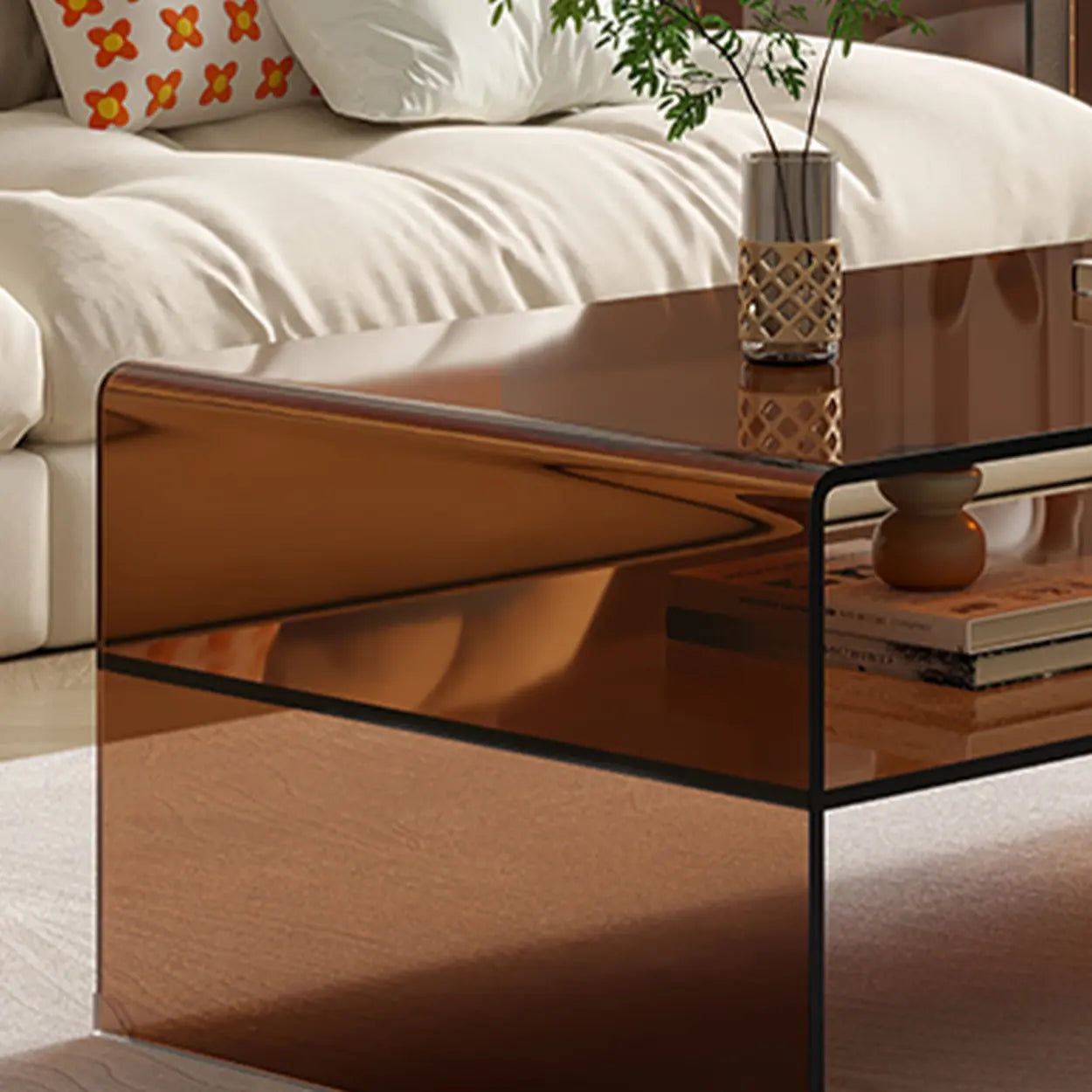 Brown Glass Sled Coffee Table with Shelf