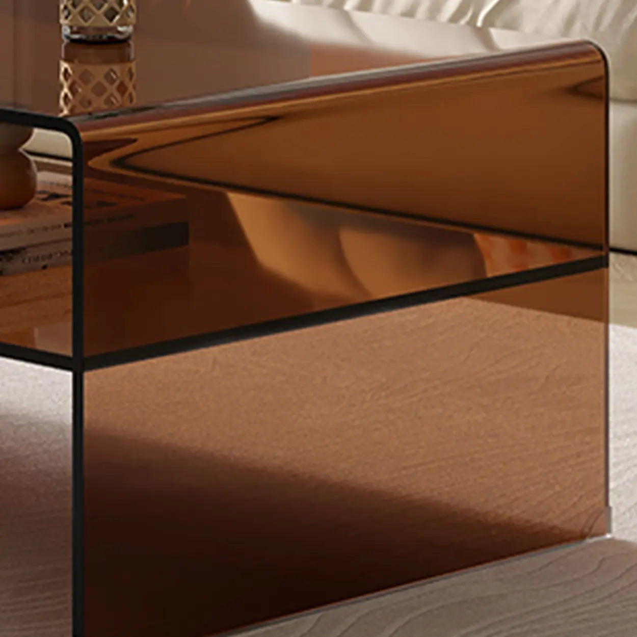 Brown Glass Sled Coffee Table with Shelf