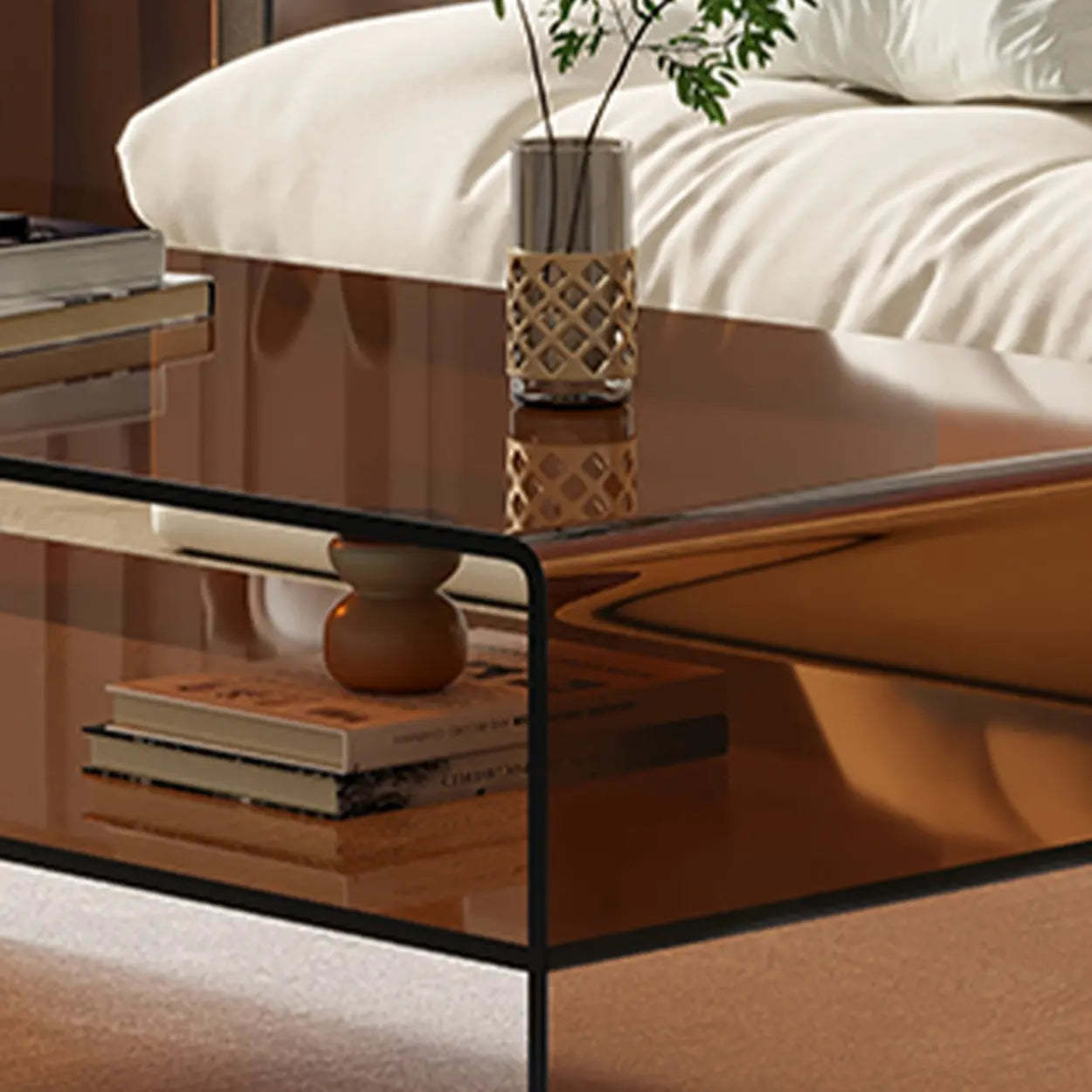 Brown Glass Sled Coffee Table with Shelf