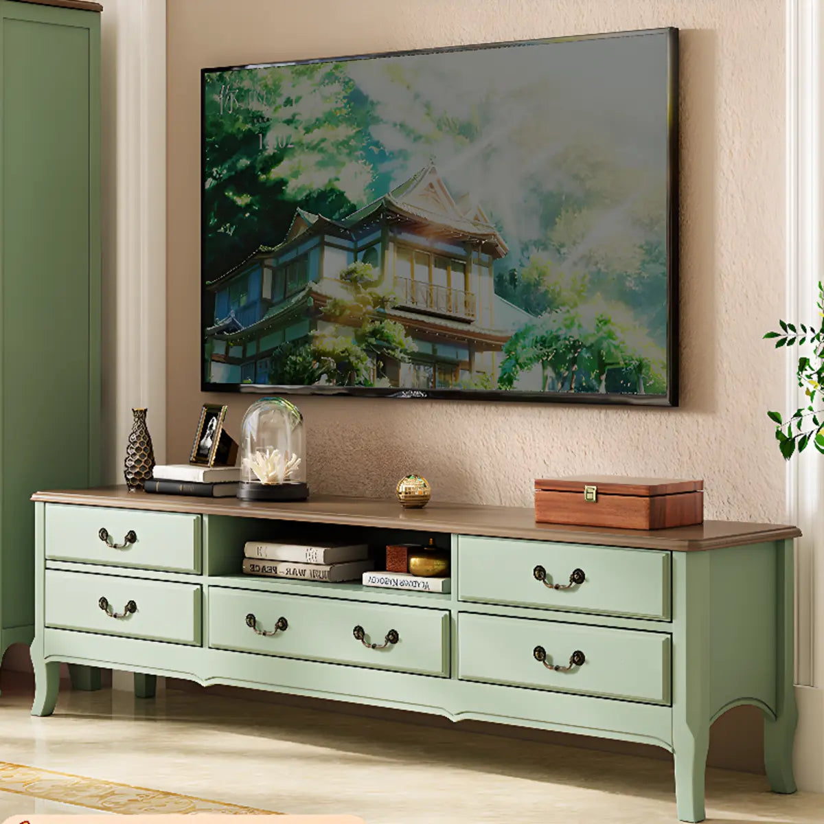 Brown-Green Wood Open Storage Long TV Stand