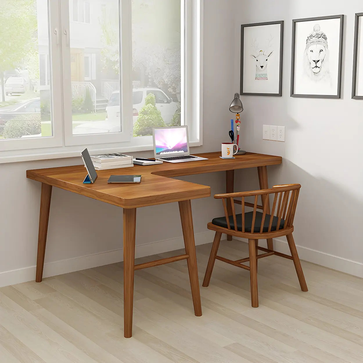 Brown L-Shape Pine Wood H-Base Writing Desk
