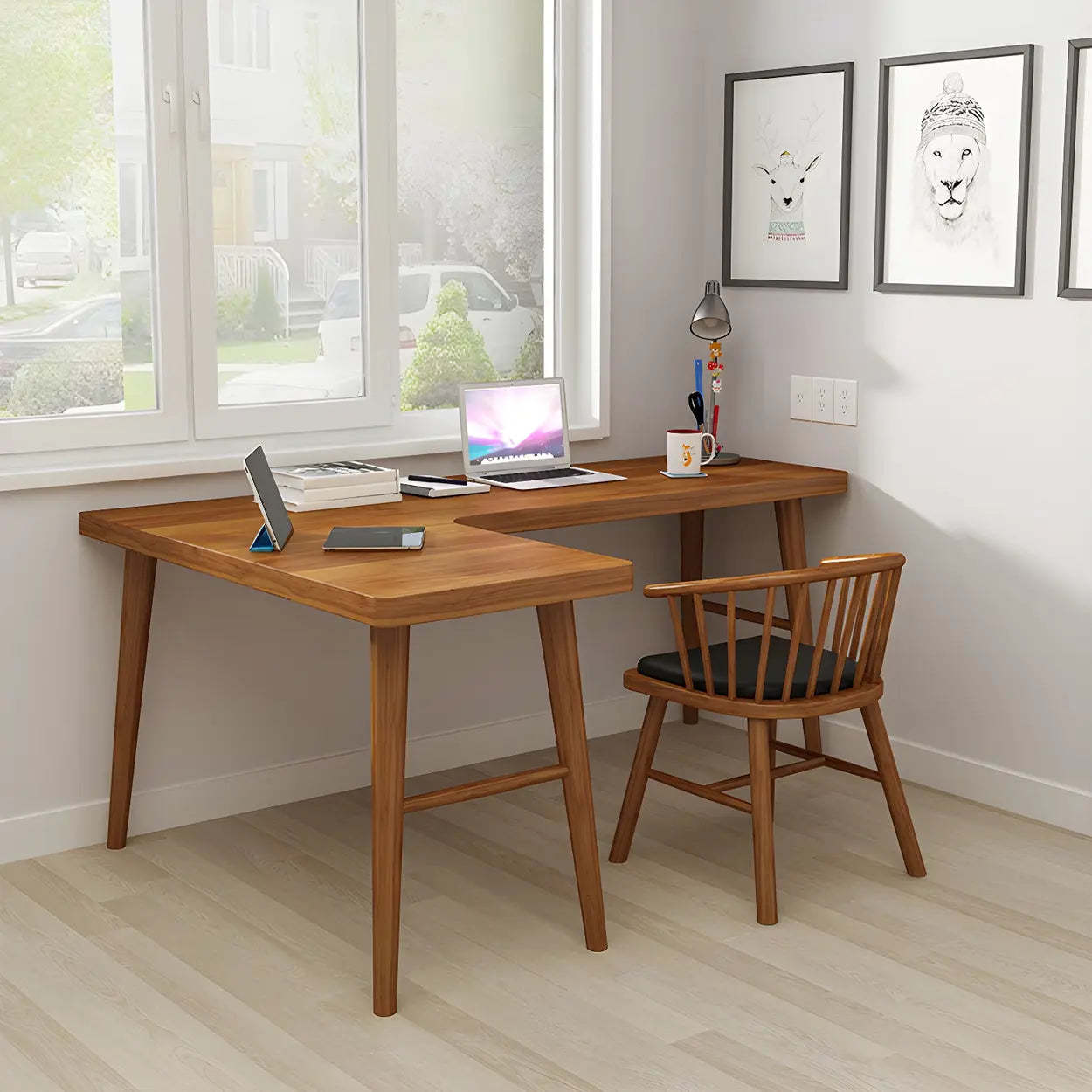 Brown L-Shape Pine Wood H-Base Writing Desk — Left Hand Return / Table Only