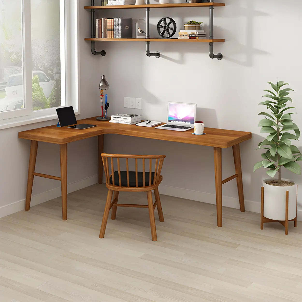 Brown L-Shape Pine Wood H-Base Writing Desk — Left Hand Return / Table Only