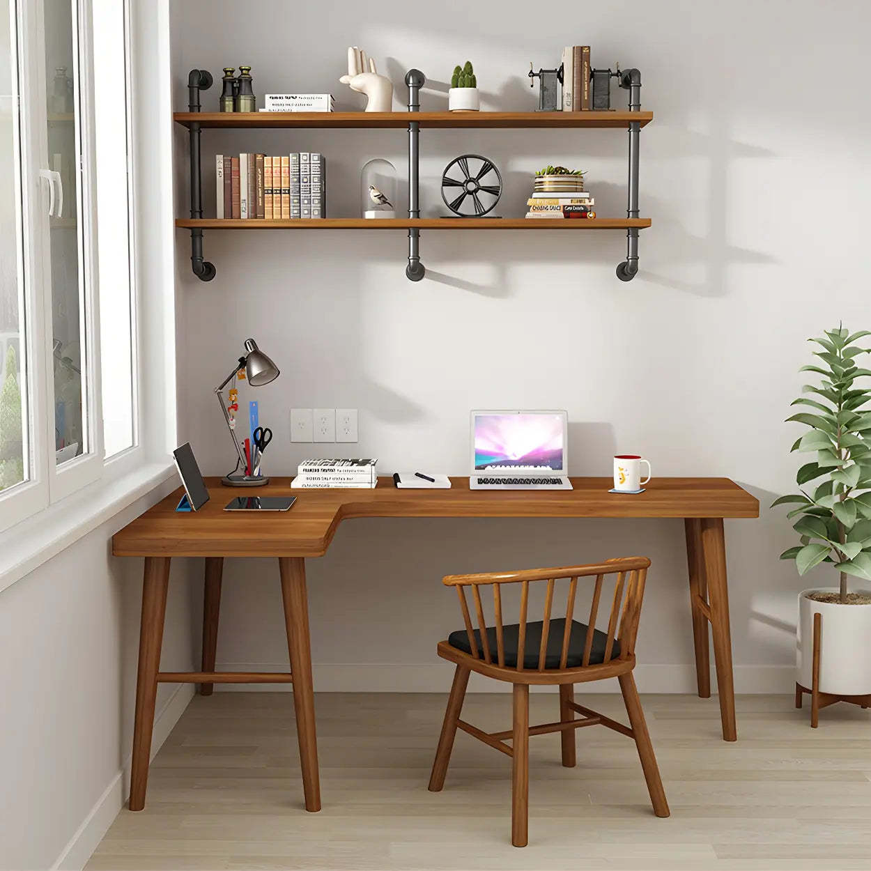 Brown L-Shape Pine Wood H-Base Writing Desk — Right Hand Return / Table Only