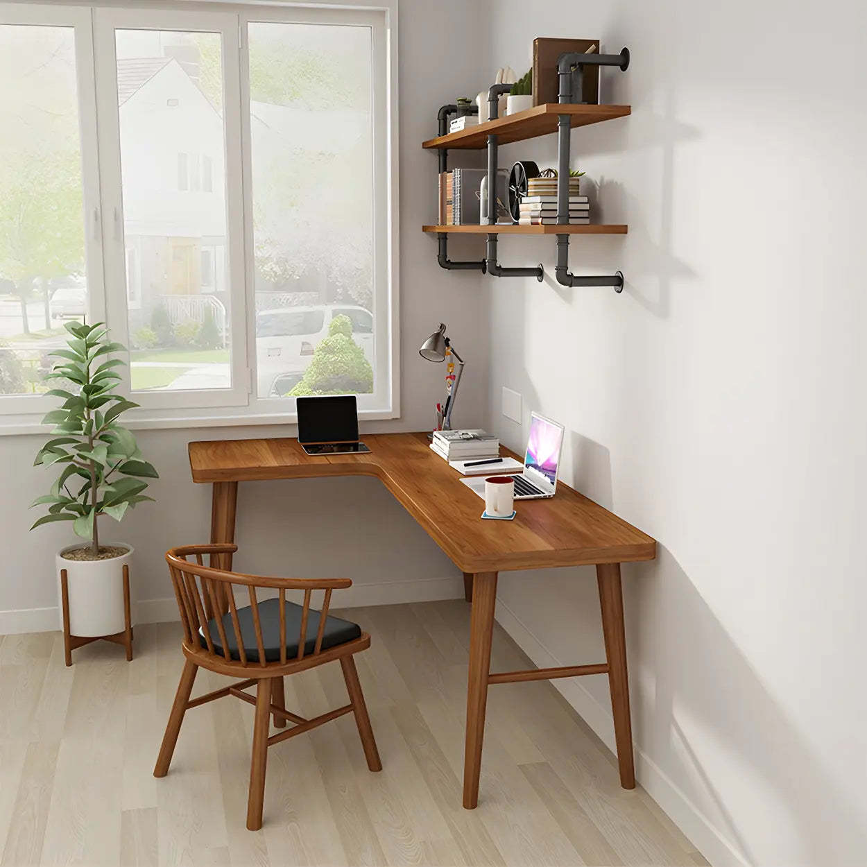 Brown L-Shape Pine Wood H-Base Writing Desk — Left Hand Return / Table Only