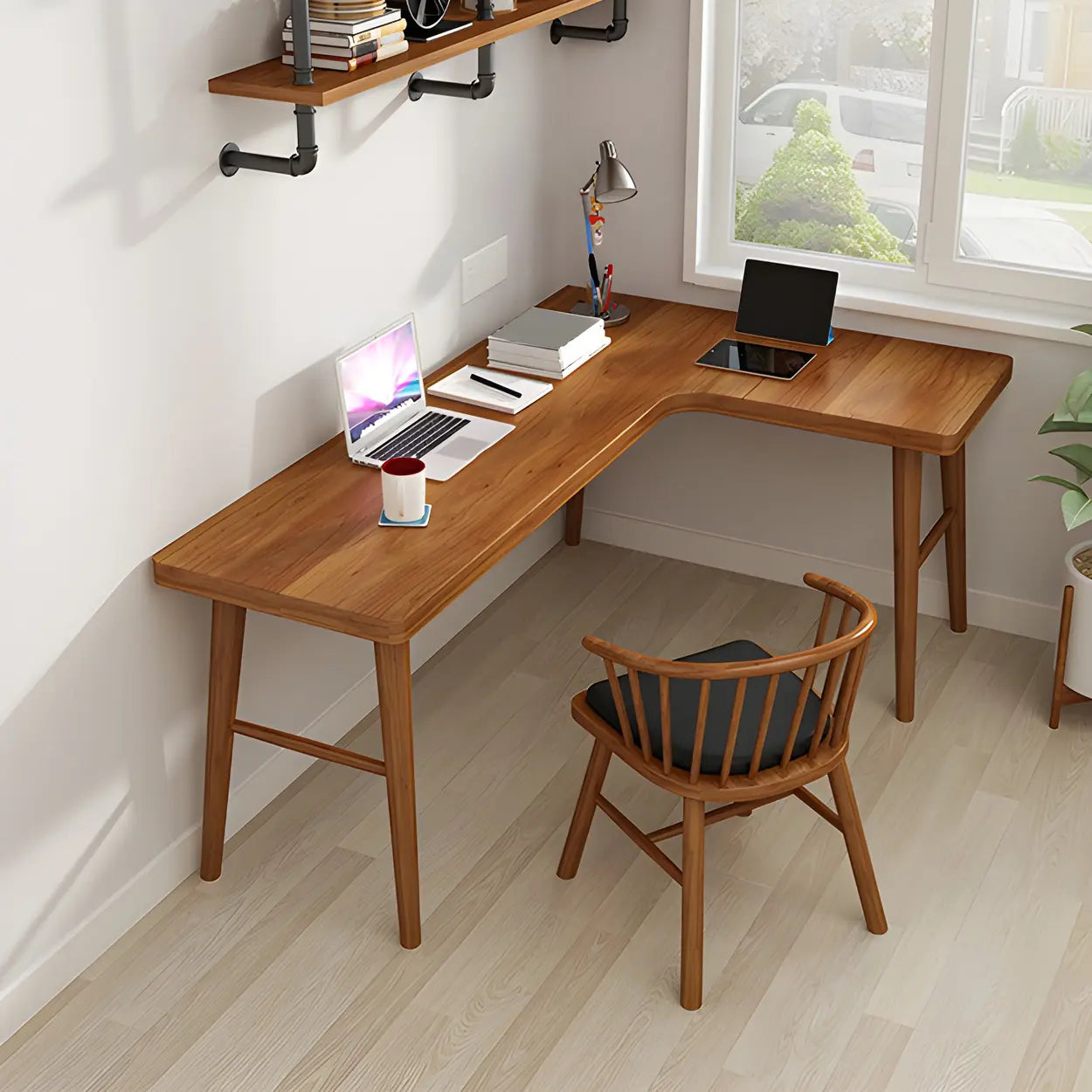 Brown L-Shape Pine Wood H-Base Writing Desk — Right Hand Return / Table Only