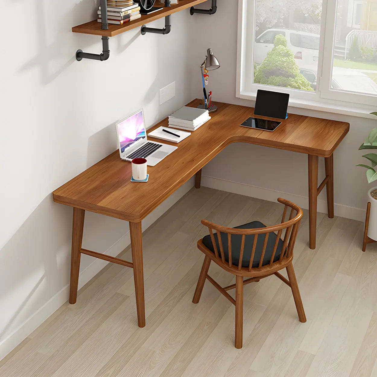Brown L-Shape Pine Wood H-Base Writing Desk — Right Hand Return / Table Only