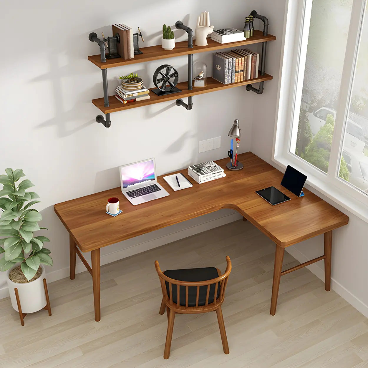Brown L-Shape Pine Wood H-Base Writing Desk — Left Hand Return / Table Only