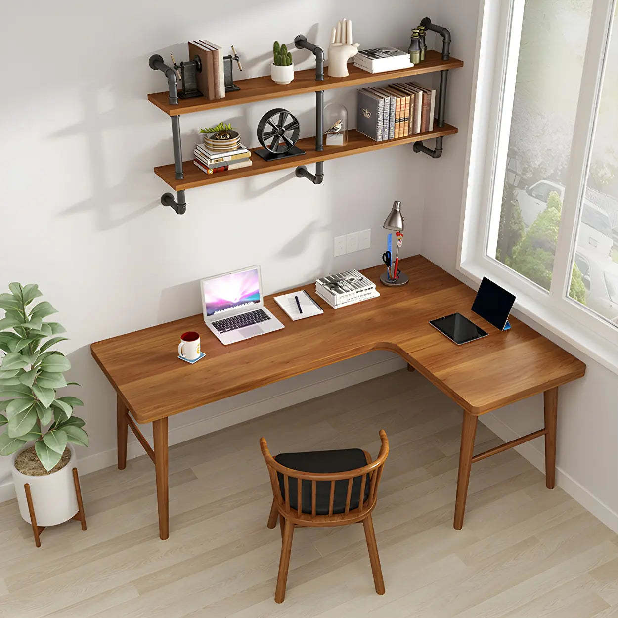 Brown L-Shape Pine Wood H-Base Writing Desk — Left Hand Return / Table Only