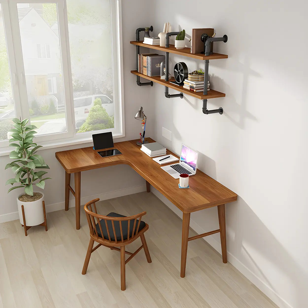 Brown L-Shape Pine Wood H-Base Writing Desk — Right Hand Return / Table Only
