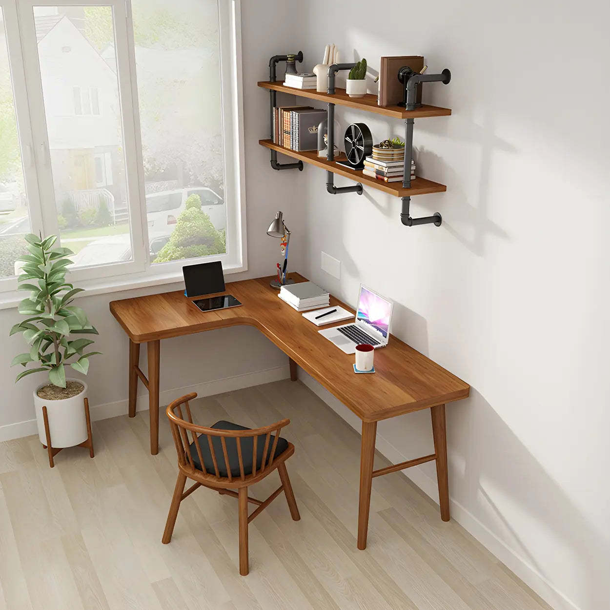 Brown L-Shape Pine Wood H-Base Writing Desk — Right Hand Return / Table Only
