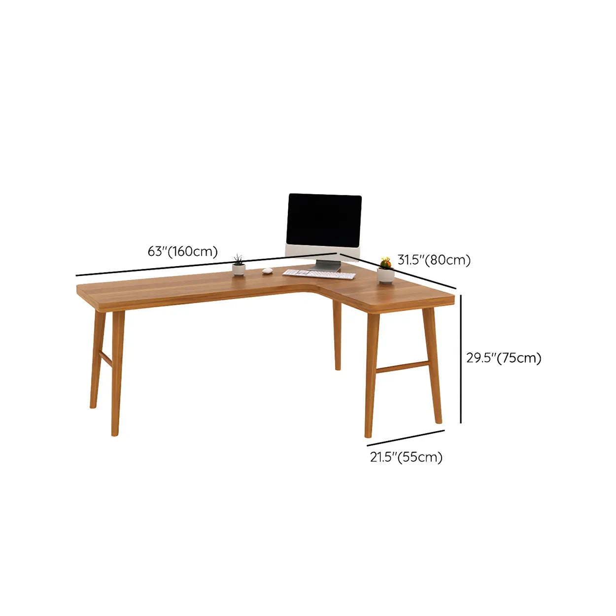 Brown L-Shape Pine Wood H-Base Writing Desk