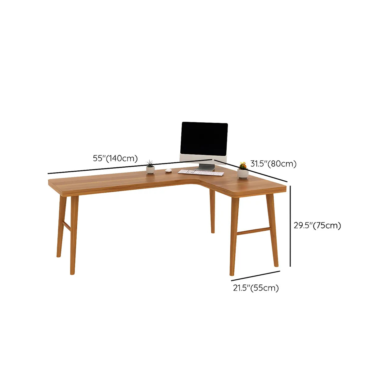 Brown L-Shape Pine Wood H-Base Writing Desk