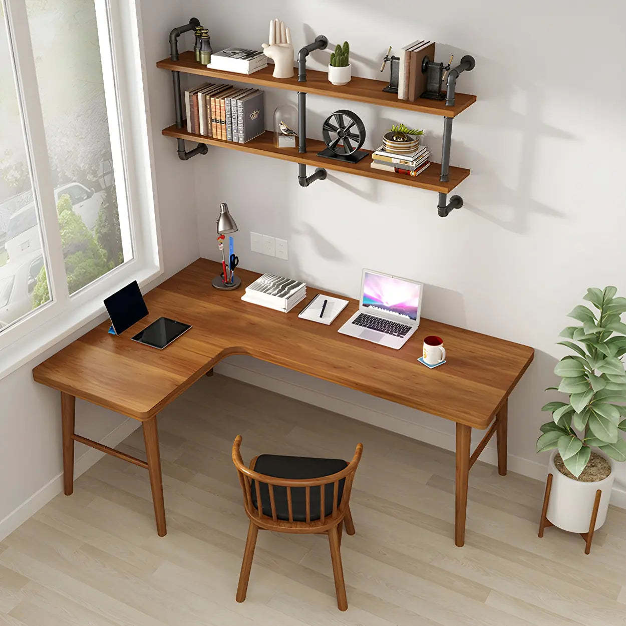 Brown L-Shape Pine Wood H-Base Writing Desk — Right Hand Return / Table Only