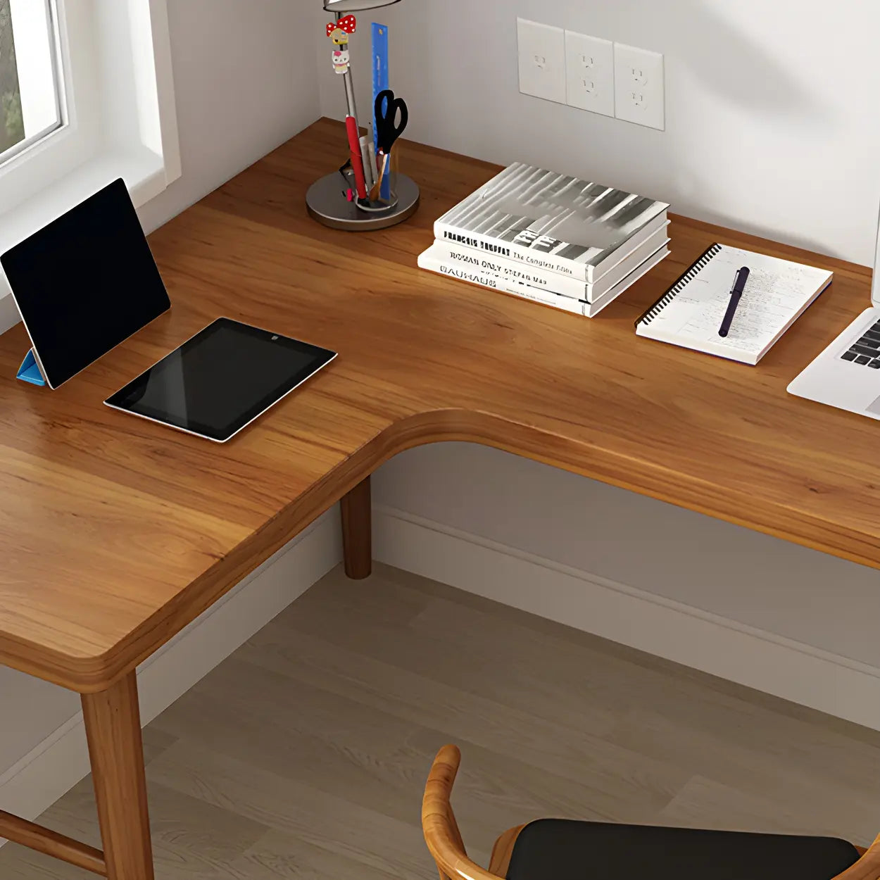 Brown L-Shape Pine Wood H-Base Writing Desk — Right Hand Return / Table Only