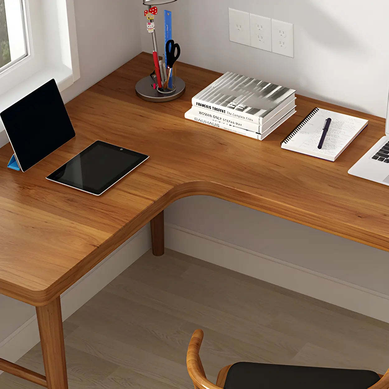 Brown L-Shape Pine Wood H-Base Writing Desk — Right Hand Return / Table Only