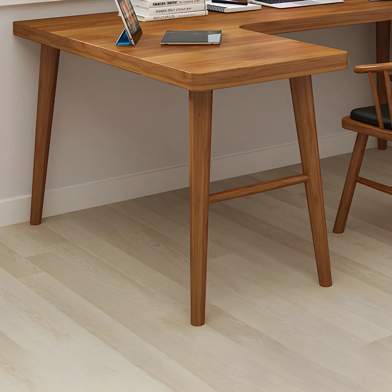 Brown L-Shape Pine Wood H-Base Writing Desk — Right Hand Return / Table Only