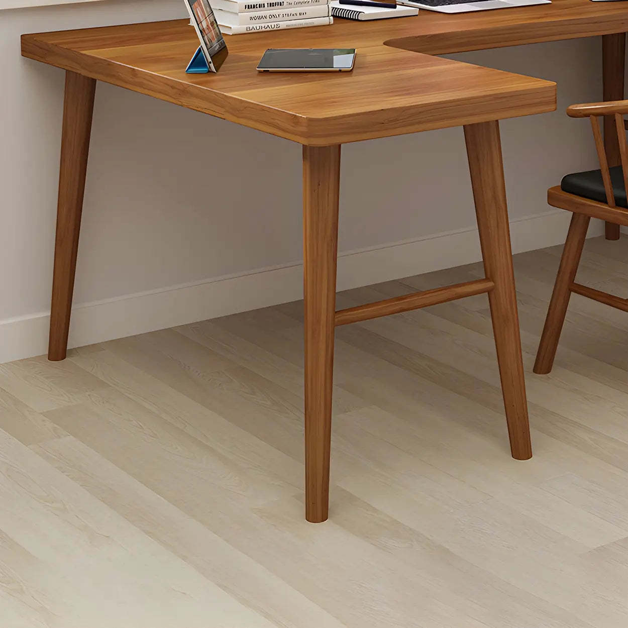 Brown L-Shape Pine Wood H-Base Writing Desk — Right Hand Return / Table Only