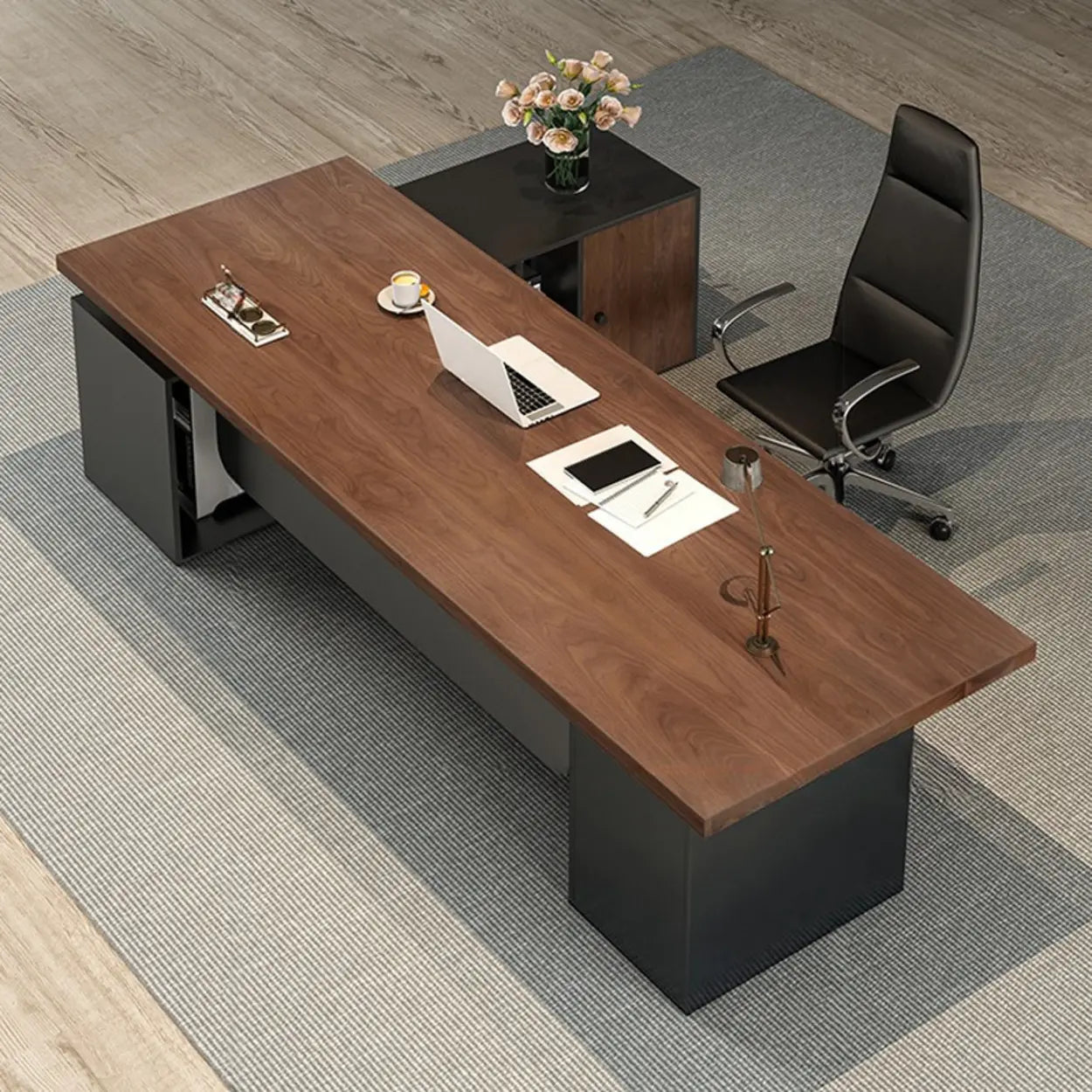 Brown L-Shaped Wood Computer Desk with Storage