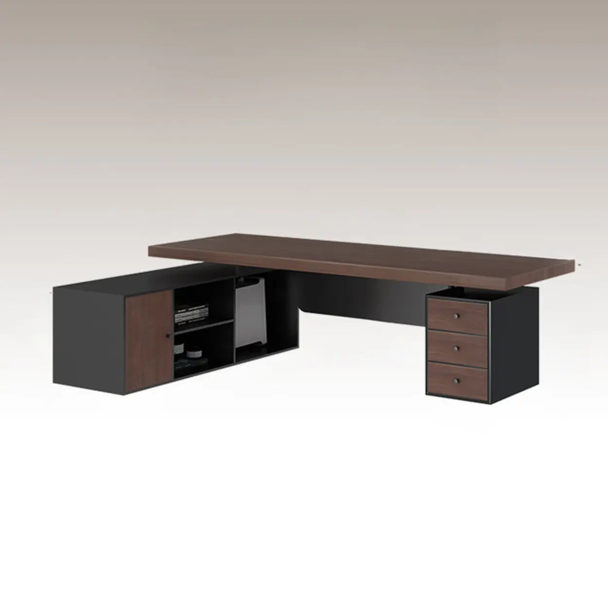 Brown L-Shaped Wood Computer Desk with Storage