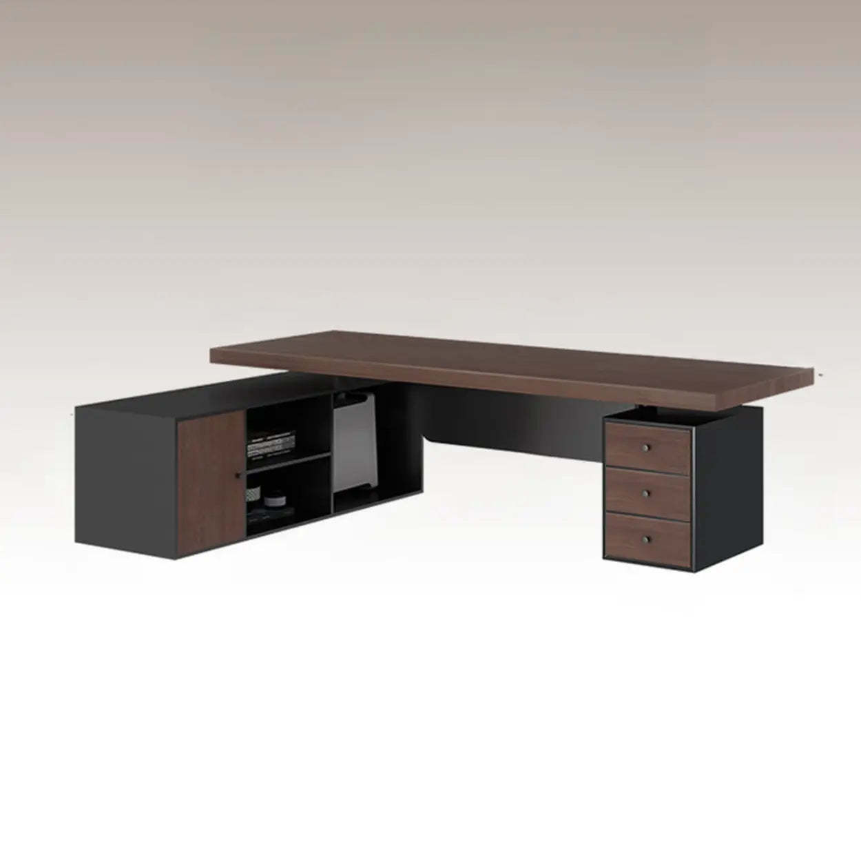 Brown L-Shaped Wood Computer Desk with Storage