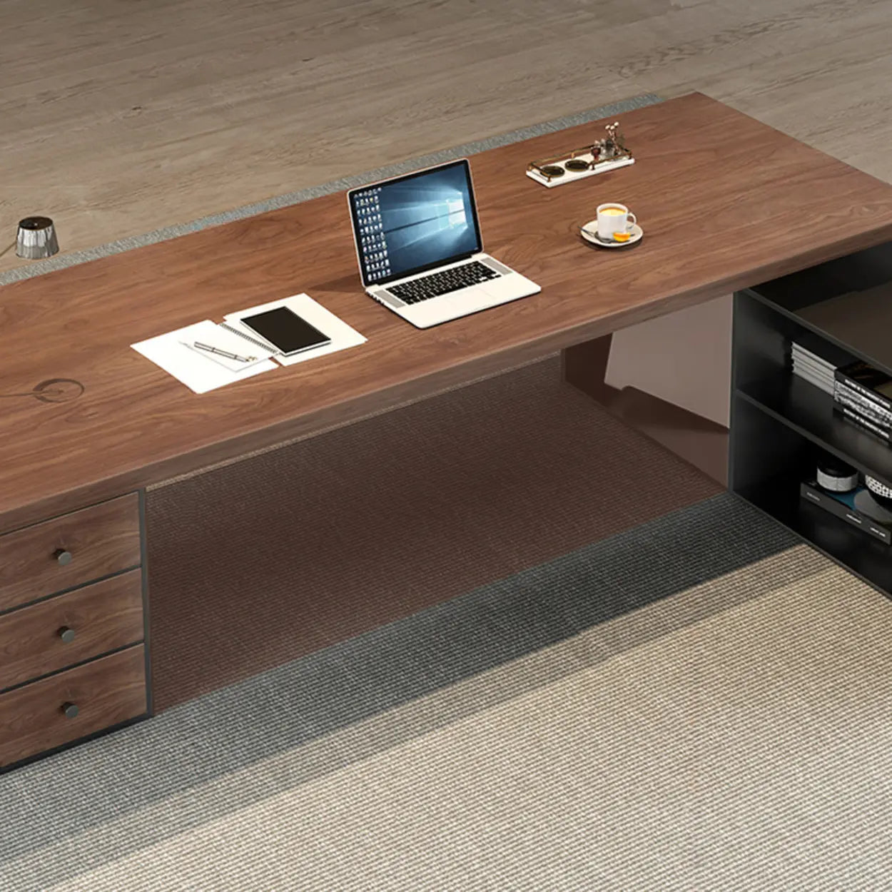 Brown L-Shaped Wood Computer Desk with Storage