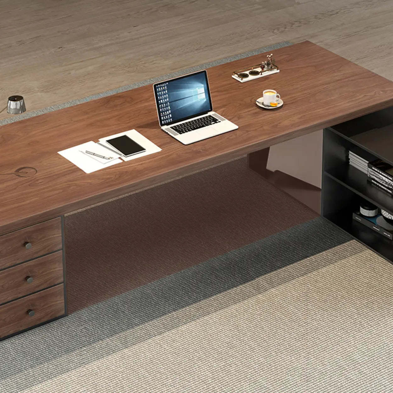 Brown L-Shaped Wood Computer Desk with Storage
