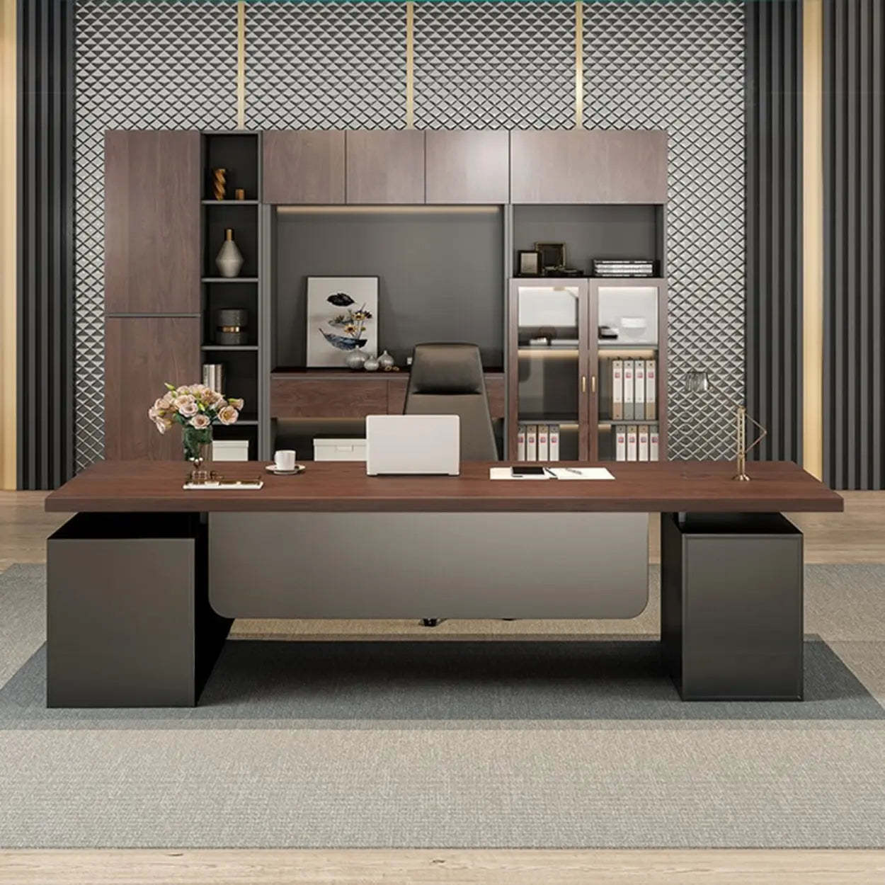 Brown L-Shaped Wood Computer Desk with Storage — Table Only